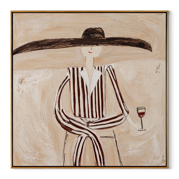 Striped Figure Holds Wine – Elegant Stripe Wine Figure Painting | Mid-Century Modern Square Wall Art
