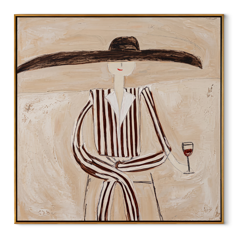 Striped Figure Holds Wine – Elegant Stripe Wine Figure Painting | Mid-Century Modern Square Wall Art