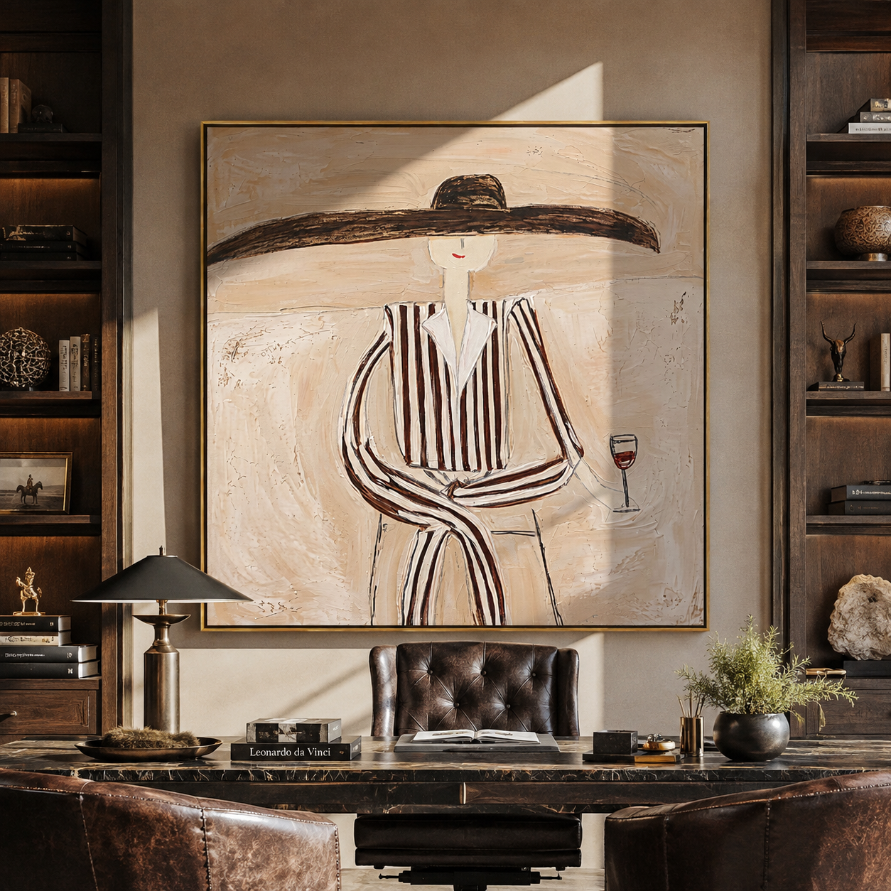 Striped Figure Holds Wine styled with neutral modern furnishings