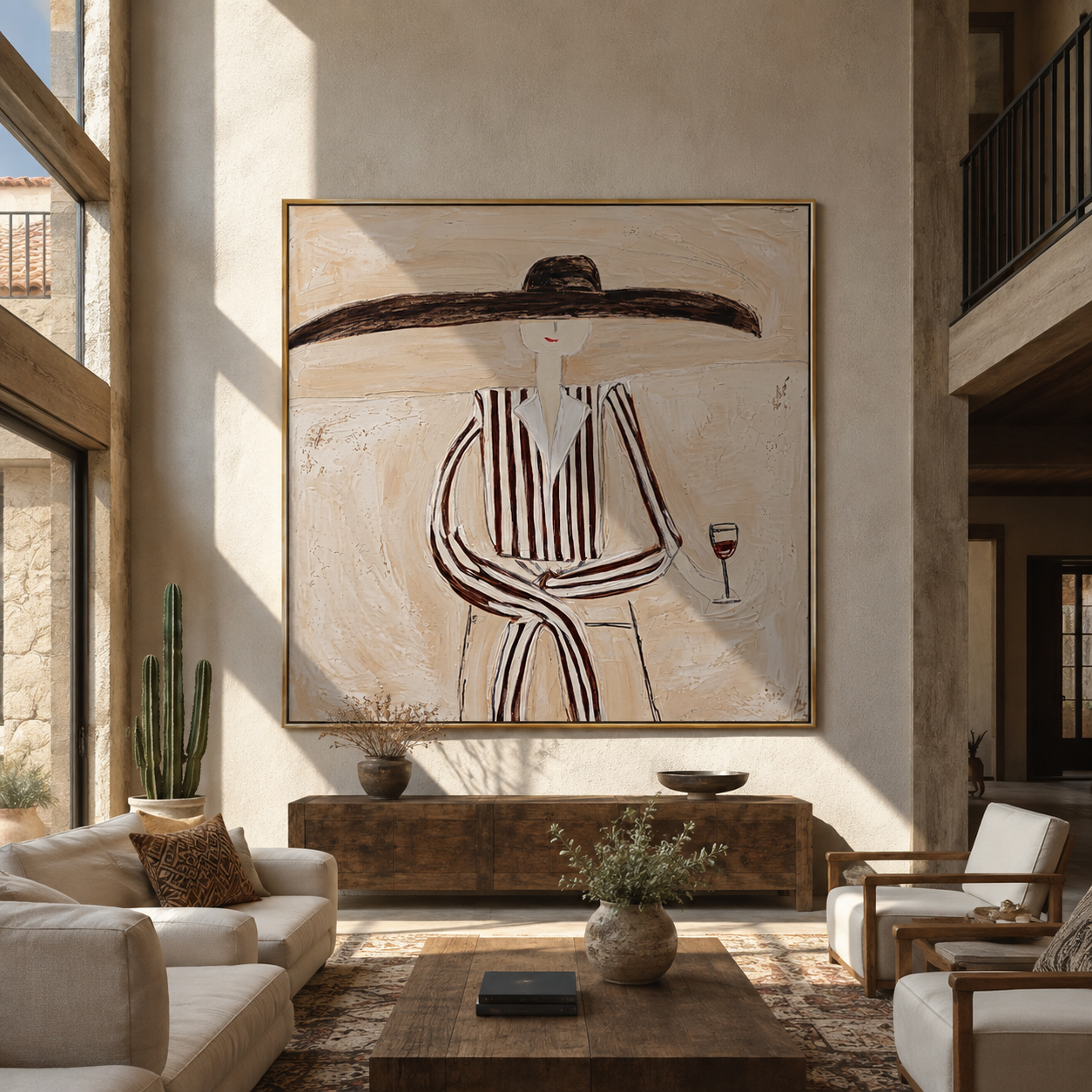 Striped Figure Holds Wine styled in a layered residential interior