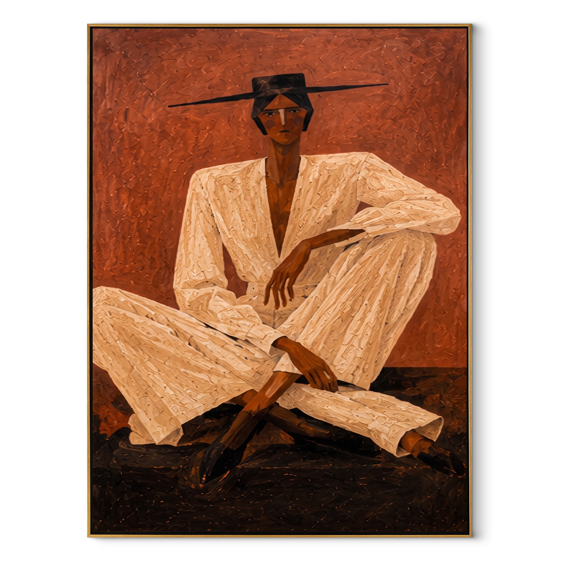 Ivory Suit Crosses Rust abstract figurative textured painting, vertical canvas artwork