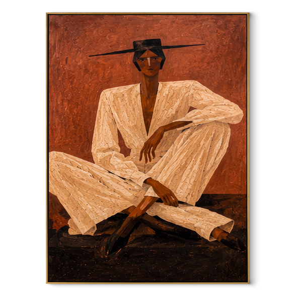 Ivory Suit Crosses Rust – Seated Ivory Suit Figure Painting | Mid-Century Modern Vertical Wall Art
