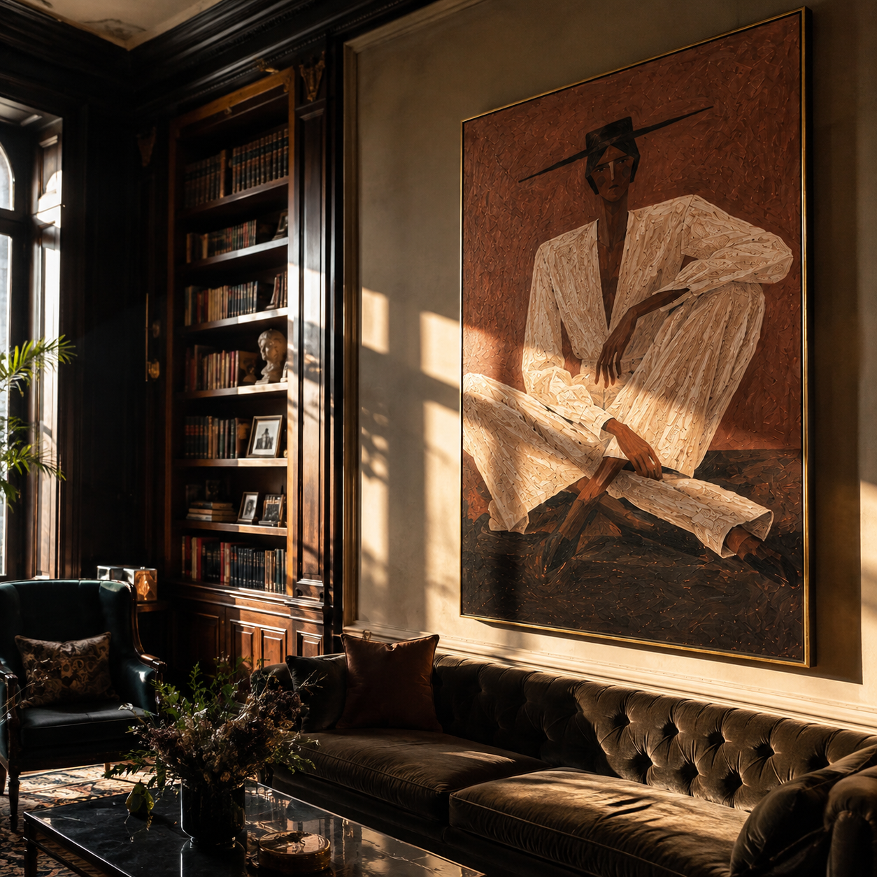 Ivory Suit Crosses Rust styled with neutral modern furnishings