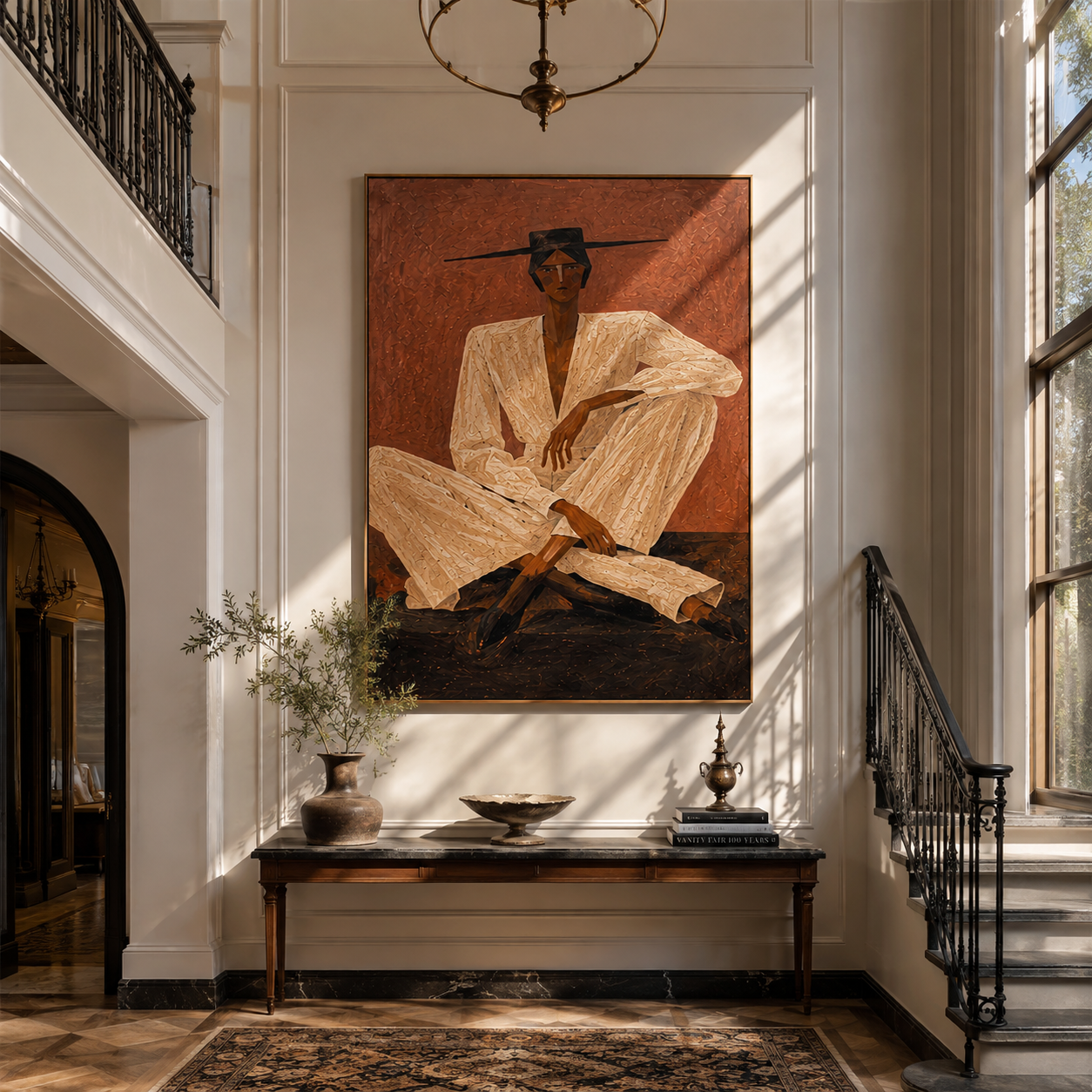 Ivory Suit Crosses Rust presented above a contemporary console