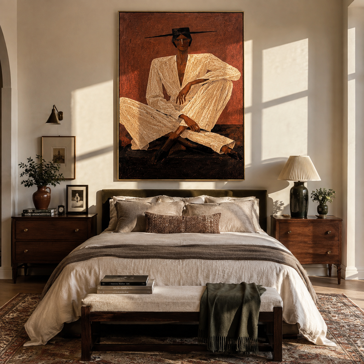 Ivory Suit Crosses Rust displayed as a modern room focal point