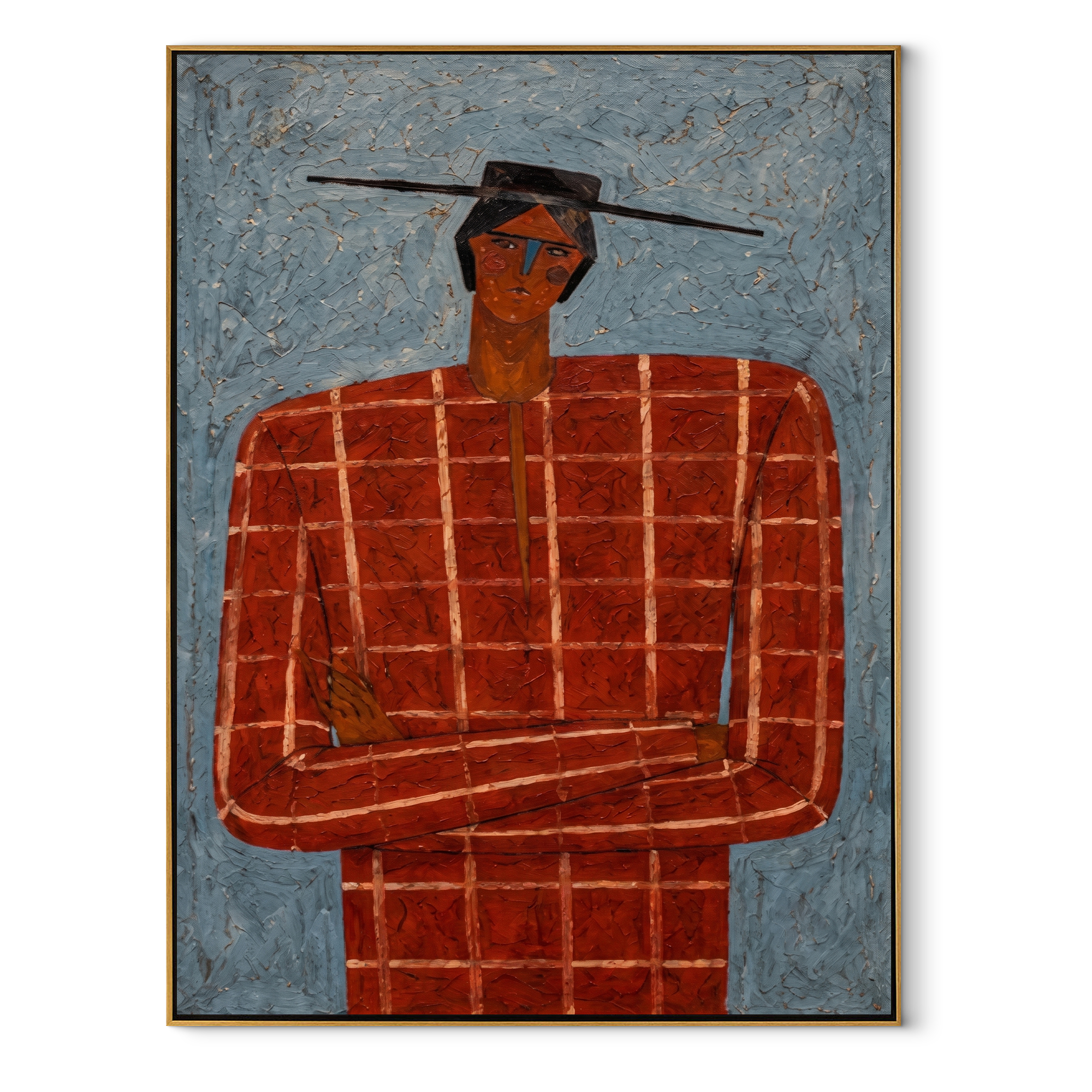 Scarlet Grid Faces Weather abstract figurative textured painting, vertical canvas artwork