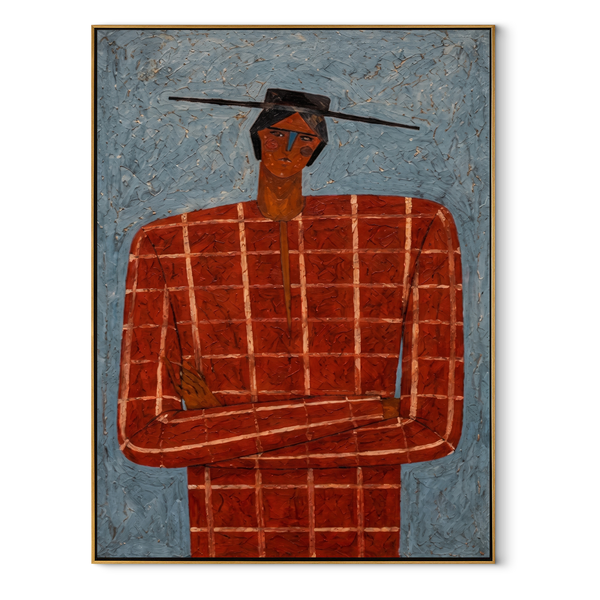 Scarlet Grid Faces Weather – Red Checkered Portrait Painting | Mid-Century Modern Vertical Wall Art