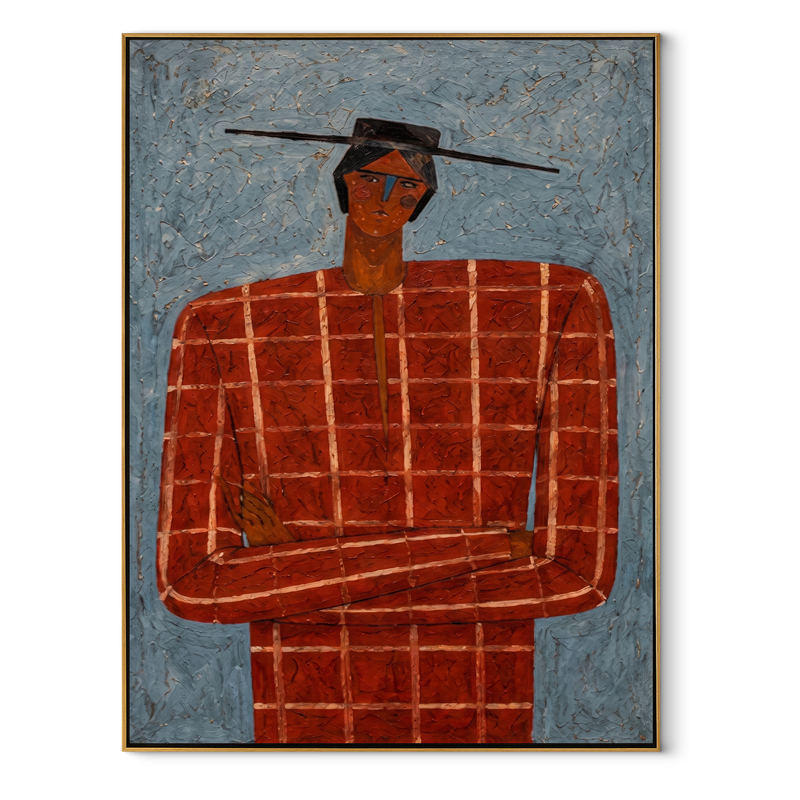 Scarlet Grid Faces Weather – Red Checkered Portrait Painting | Mid-Century Modern Vertical Wall Art