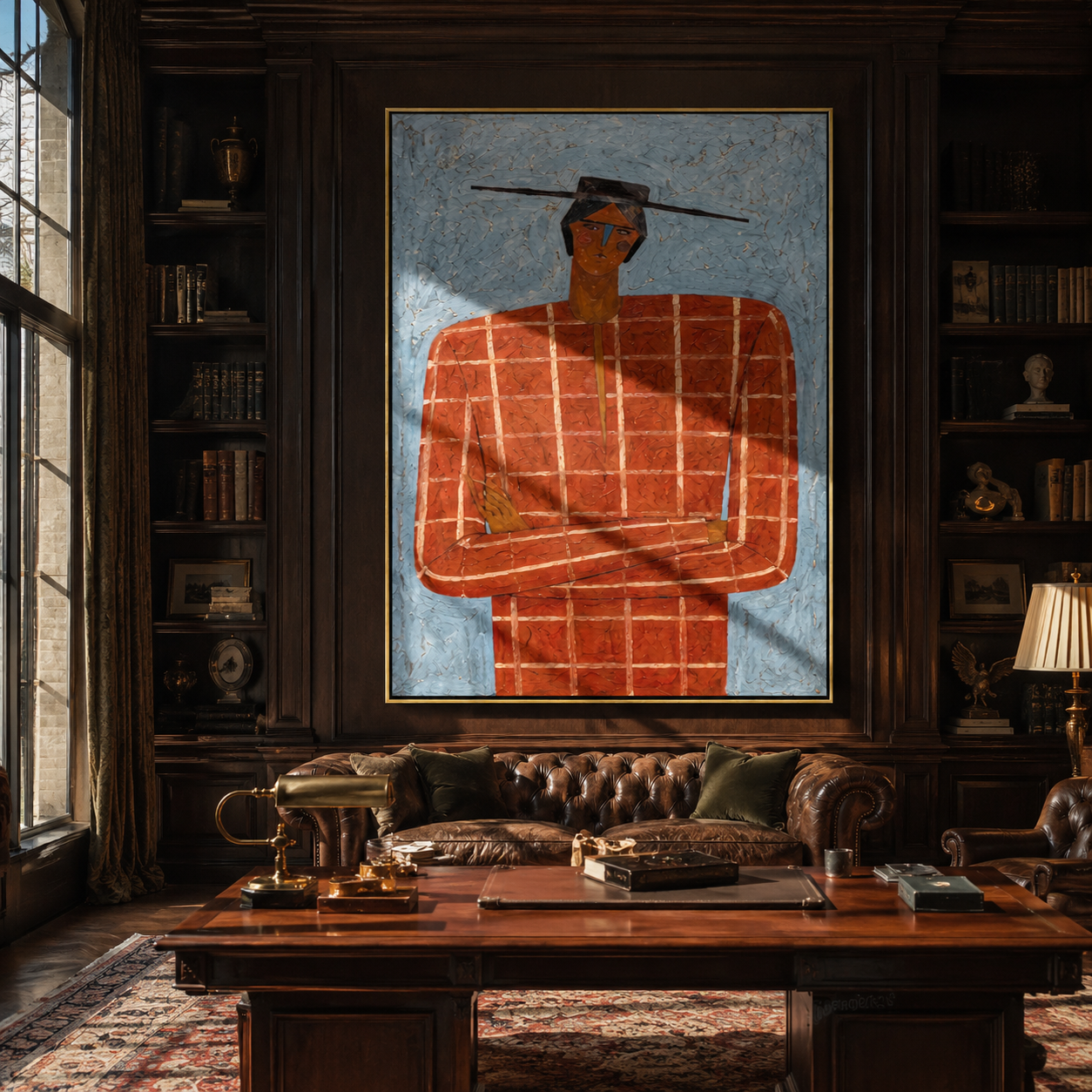 Scarlet Grid Faces Weather presented above a contemporary console