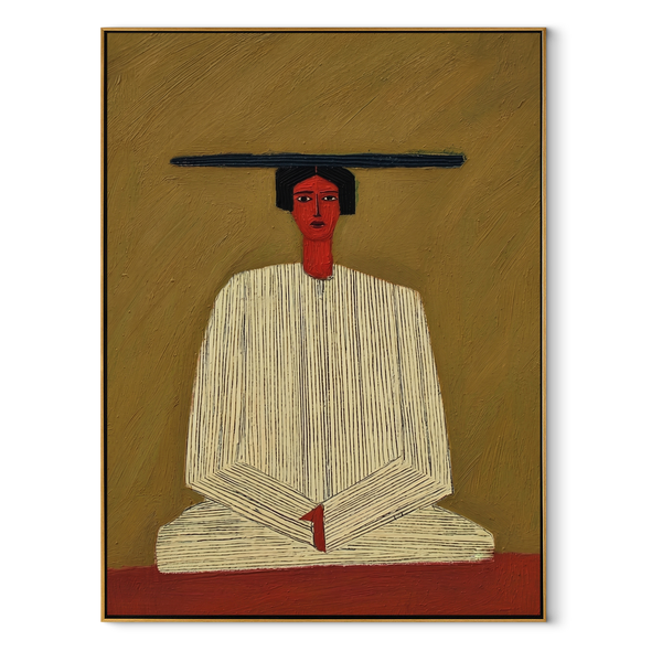 Ivory Hands in Olive – Seated Ivory Robe Figure Painting | Mid-Century Modern Vertical Wall Art