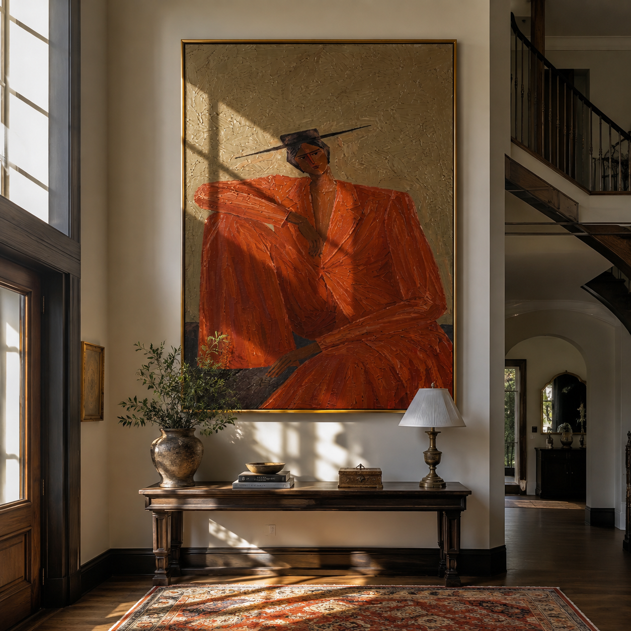 Rust Suit Holds Shoulder displayed in a warm contemporary interior