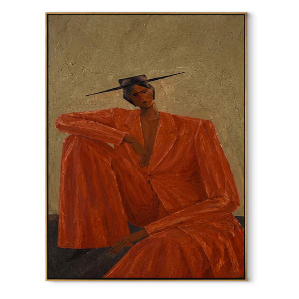 Rust Suit Holds Shoulder – Seated Rust Suit Figure Painting | Mid-Century Modern Vertical Wall Art