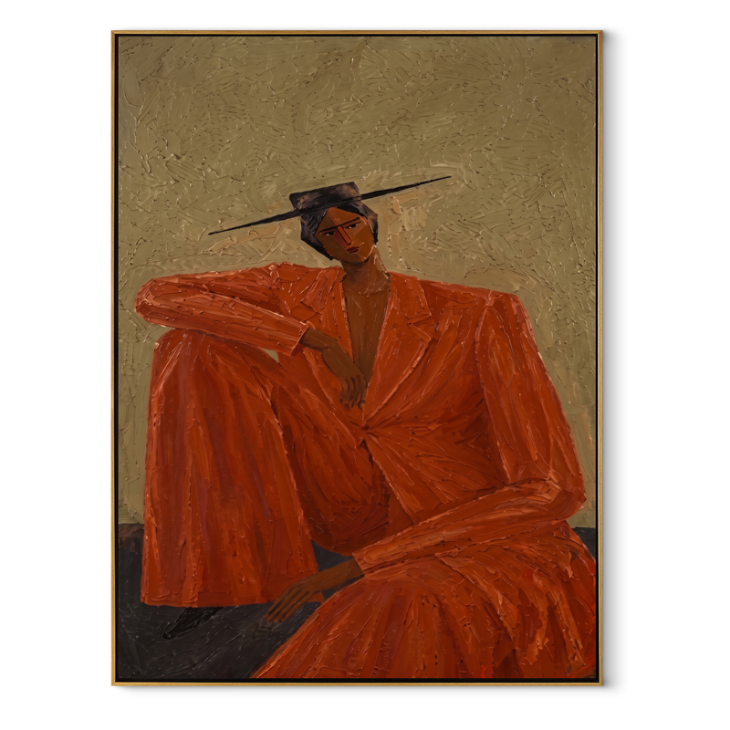 Rust Suit Holds Shoulder – Seated Rust Suit Figure Painting | Mid-Century Modern Vertical Wall Art