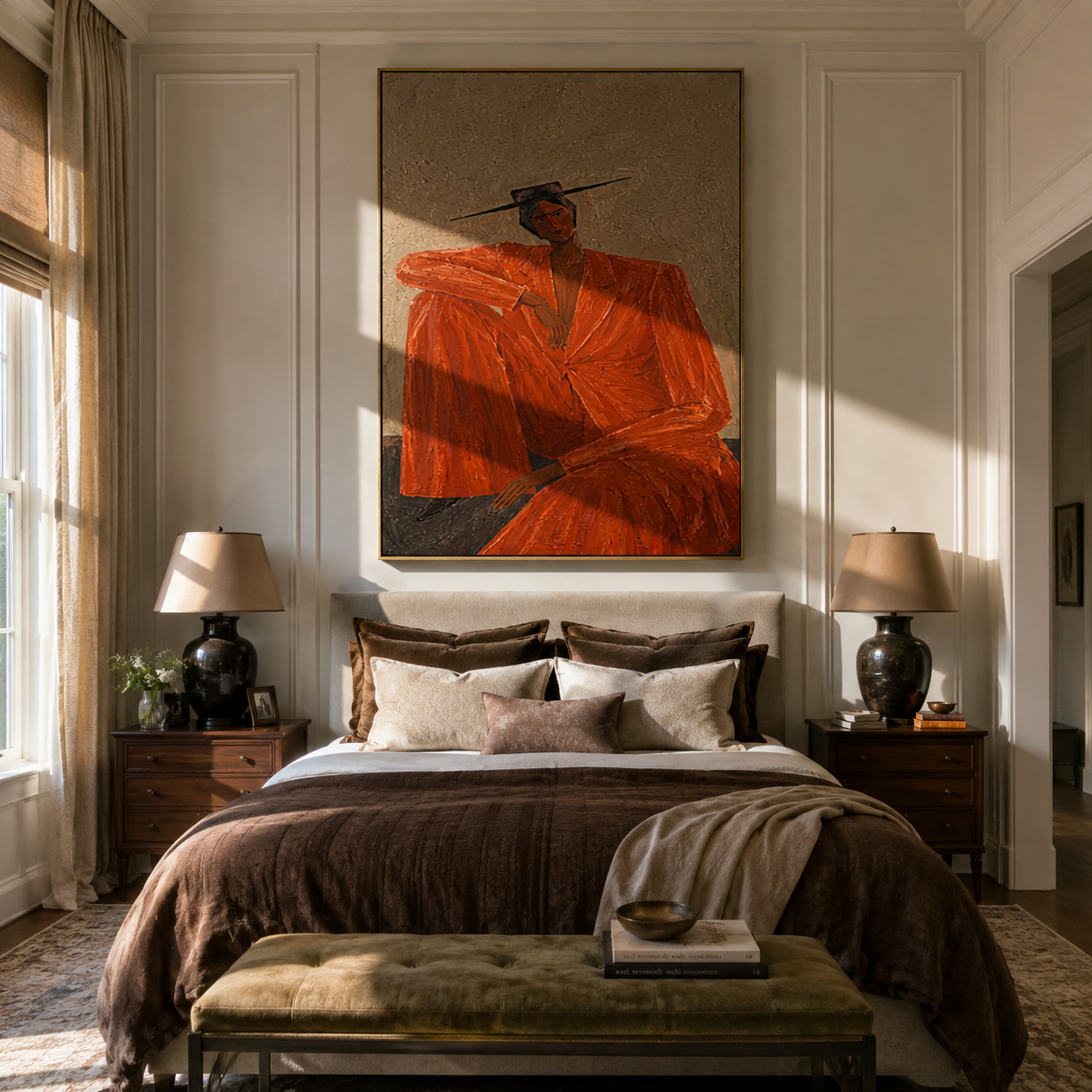 Rust Suit Holds Shoulder presented above a contemporary console