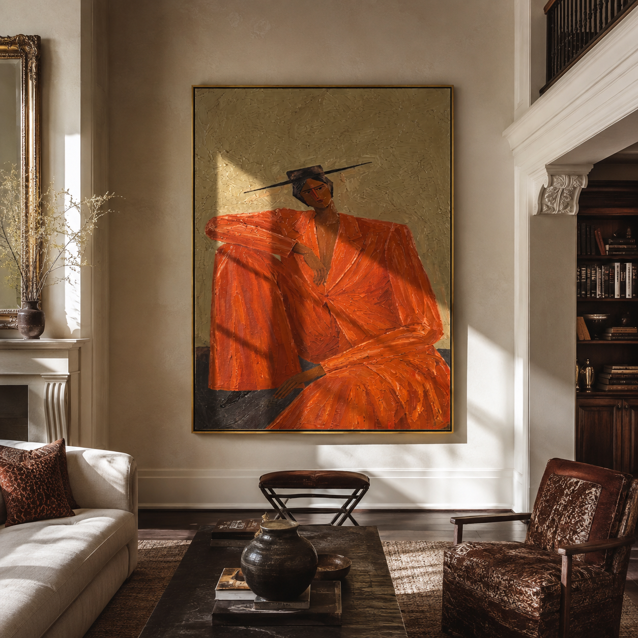 Rust Suit Holds Shoulder styled in a layered residential interior