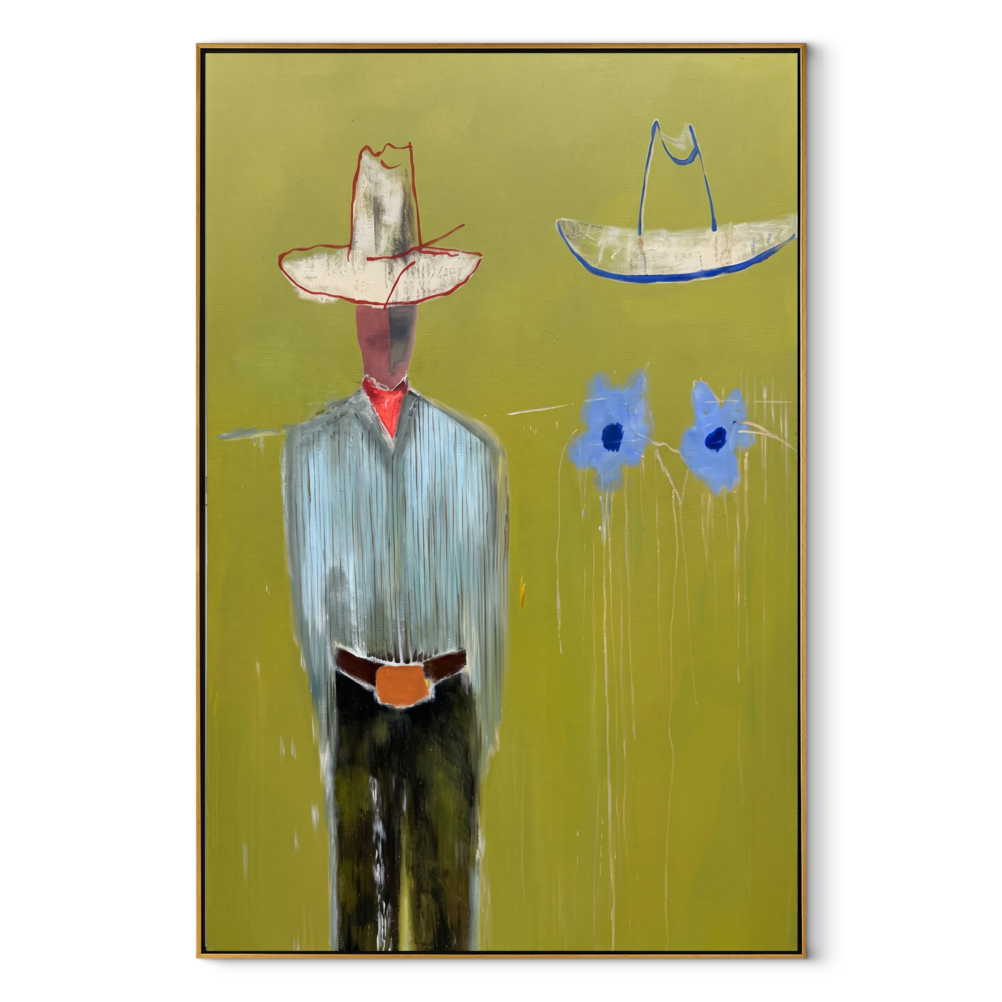 Blue Cats Guard Silence abstract figurative textured painting, vertical canvas artwork