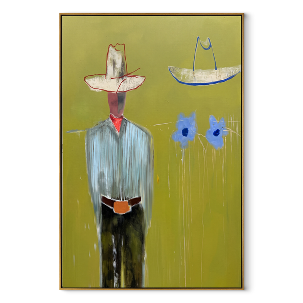 Blue Cats Guard Silence – Striped Cowboy with Two Cats Painting | Mid-Century Modern Vertical Wall Art