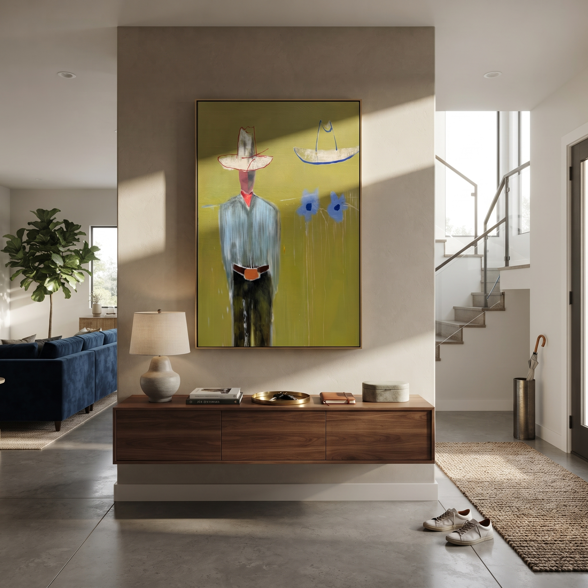 Blue Cats Guard Silence styled with neutral modern furnishings