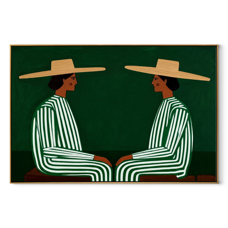 Green Stripes Face Inward – Green Stripe Seated Pair Painting | Mid-Century Modern Horizontal Wall Art