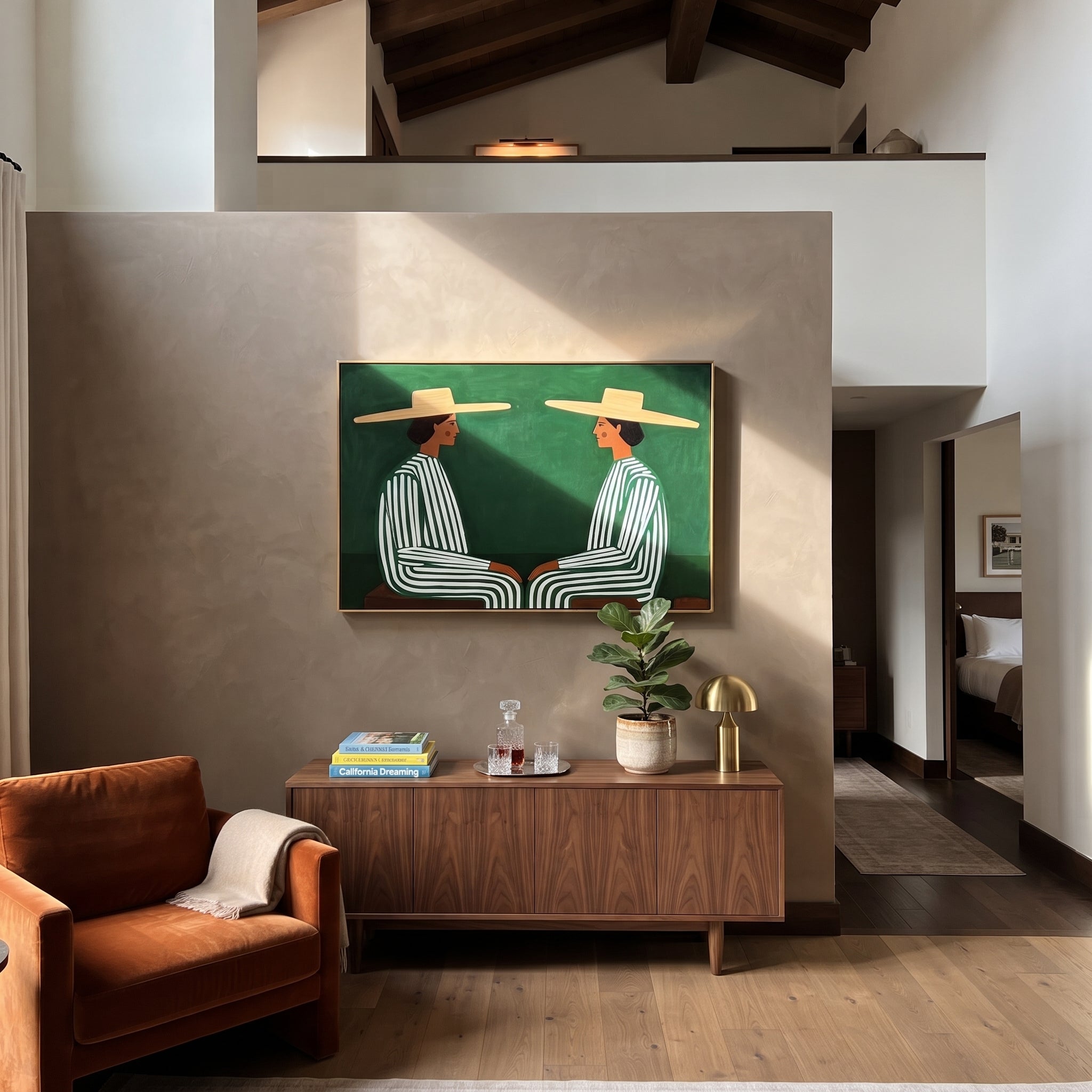 Green Stripes Face Inward styled with neutral modern furnishings