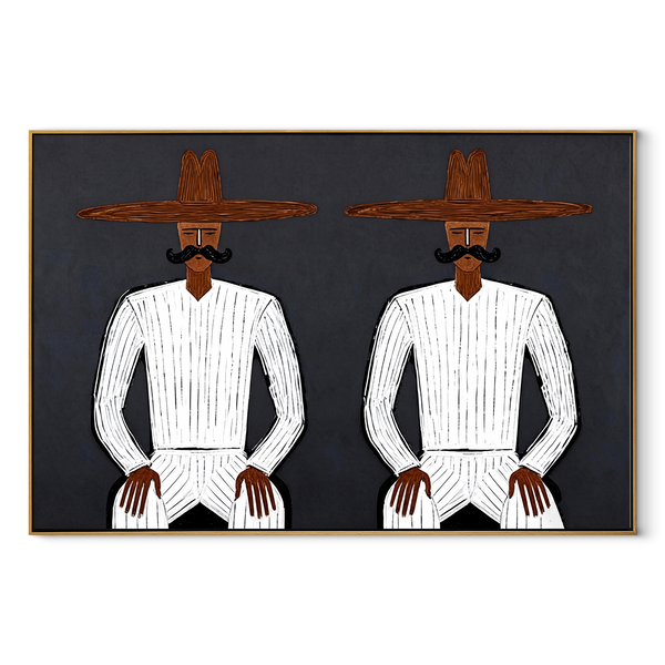 White Suits Mirror Stillness – White Suit Twin Figure Painting | Mid-Century Modern Horizontal Wall Art