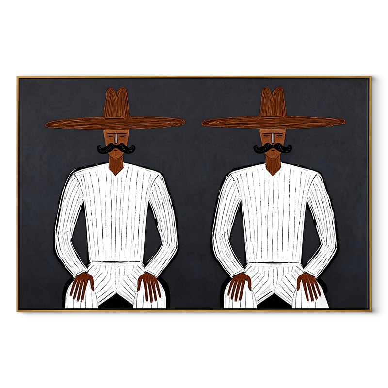 White Suits Mirror Stillness – White Suit Twin Figure Painting | Mid-Century Modern Horizontal Wall Art