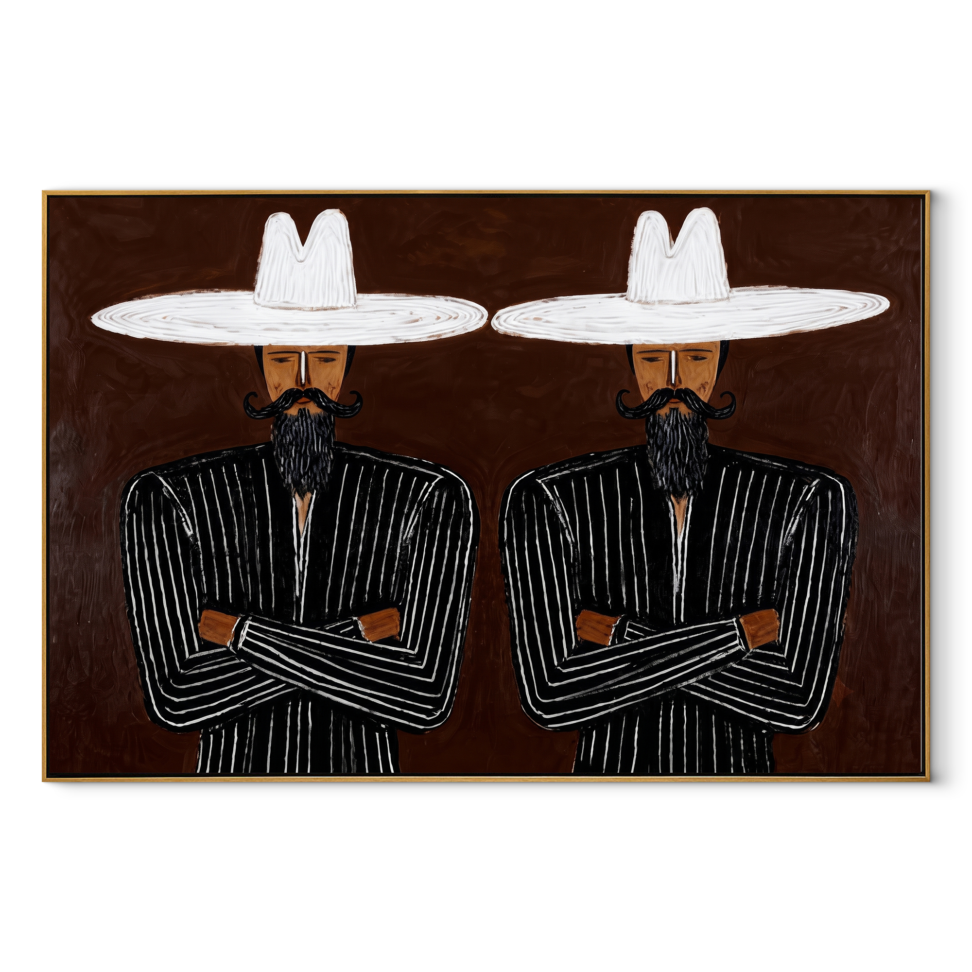 White Brims Guard Beards abstract figurative textured painting, horizontal canvas artwork