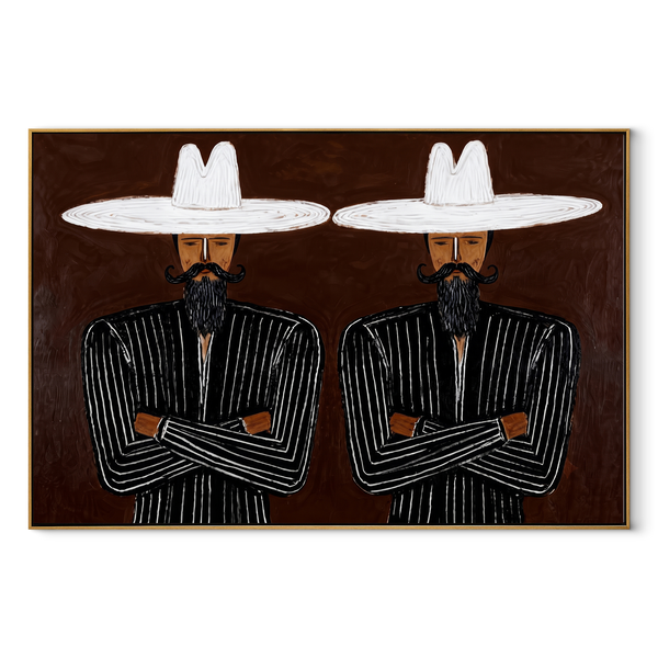 White Brims Guard Beards – Bearded Pinstripe Pair Painting | Mid-Century Modern Horizontal Wall Art