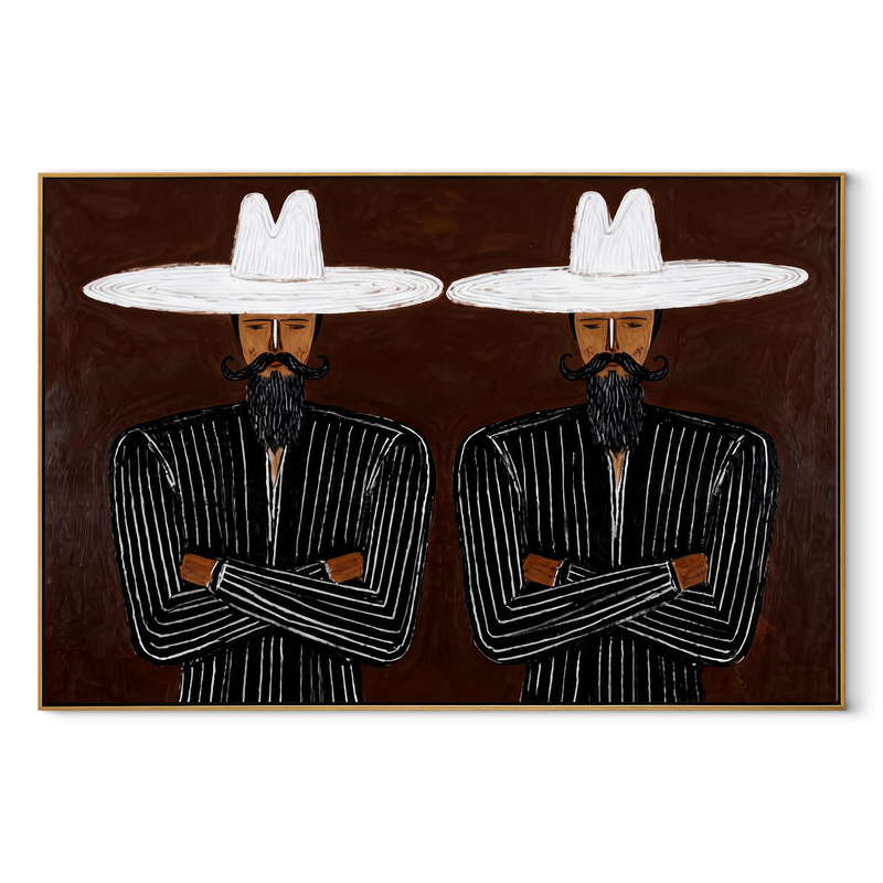 White Brims Guard Beards – Bearded Pinstripe Pair Painting | Mid-Century Modern Horizontal Wall Art