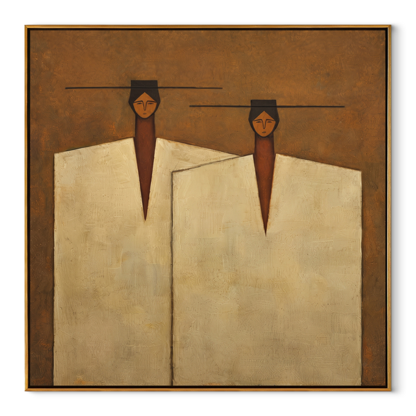 Ivory Coats Share Horizon – Ivory Coat Figure Pair Painting | Mid-Century Modern Square Wall Art
