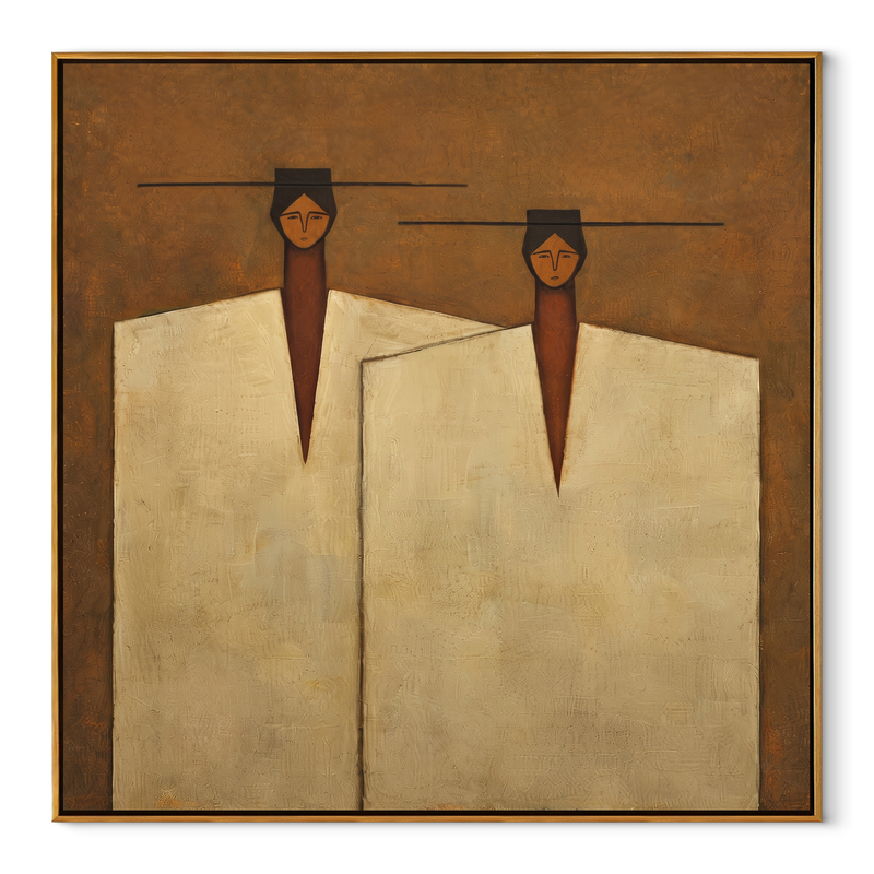 Ivory Coats Share Horizon – Ivory Coat Figure Pair Painting | Mid-Century Modern Square Wall Art