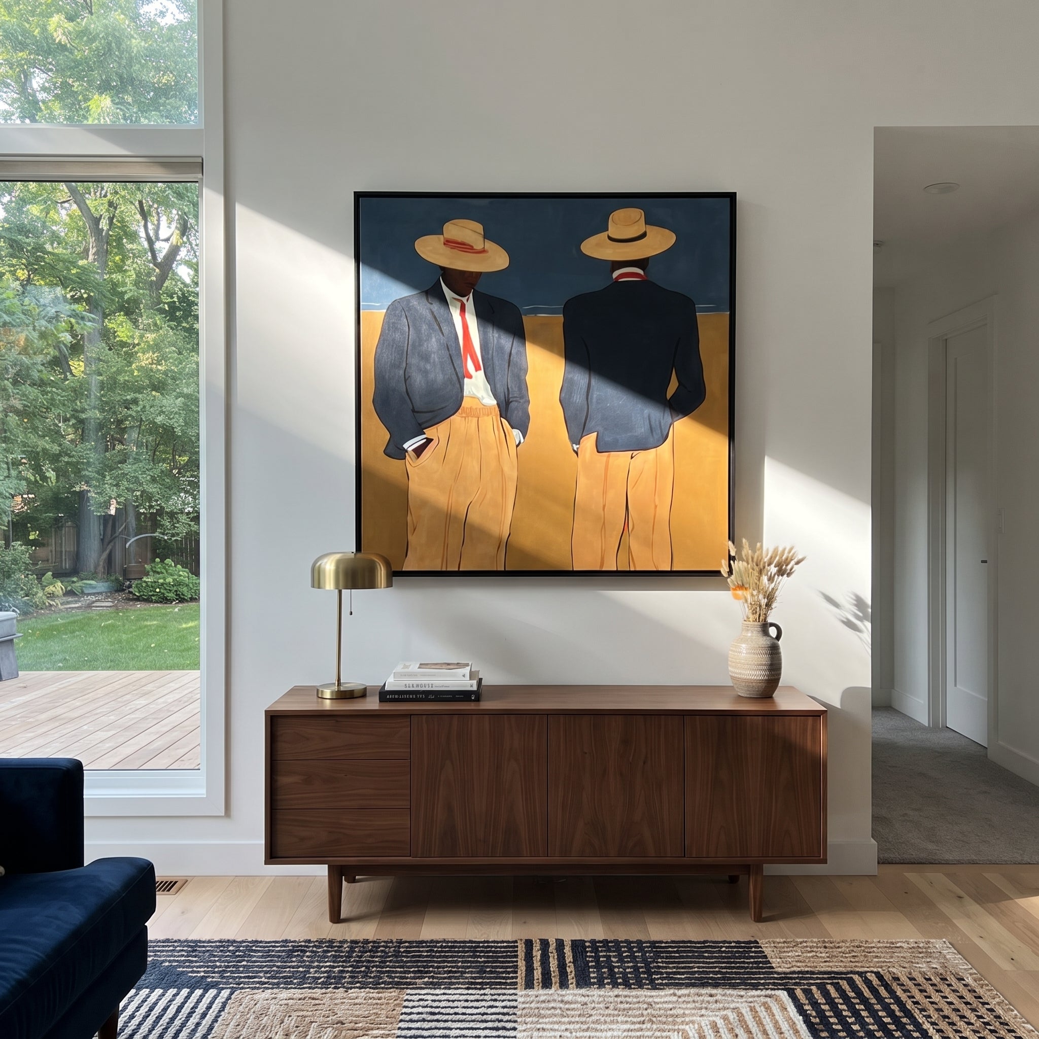 Blue Jackets Turn Away displayed in a warm contemporary interior