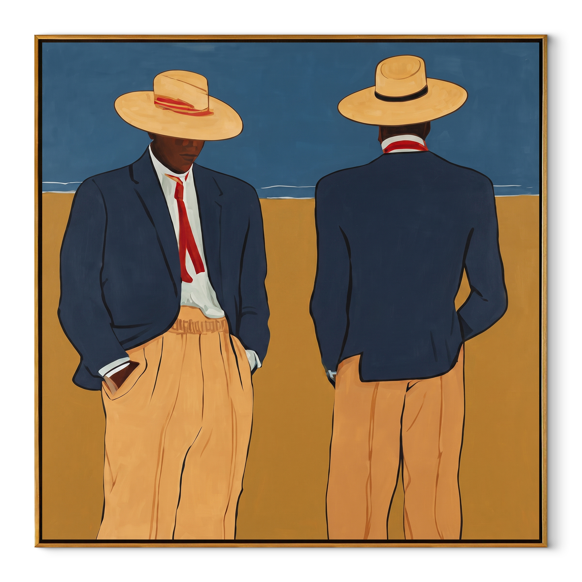 Blue Jackets Turn Away abstract figurative textured painting, square canvas artwork