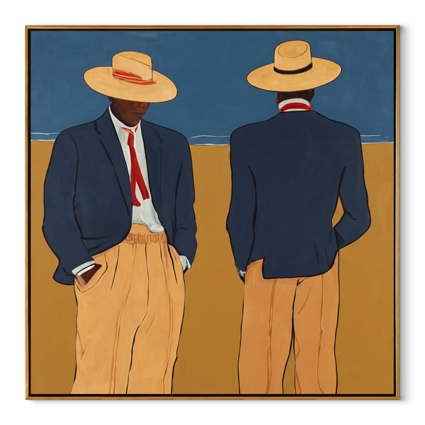 Blue Jackets Turn Away – Blue Jacket Figure Pair Painting | Mid-Century Modern Square Wall Art
