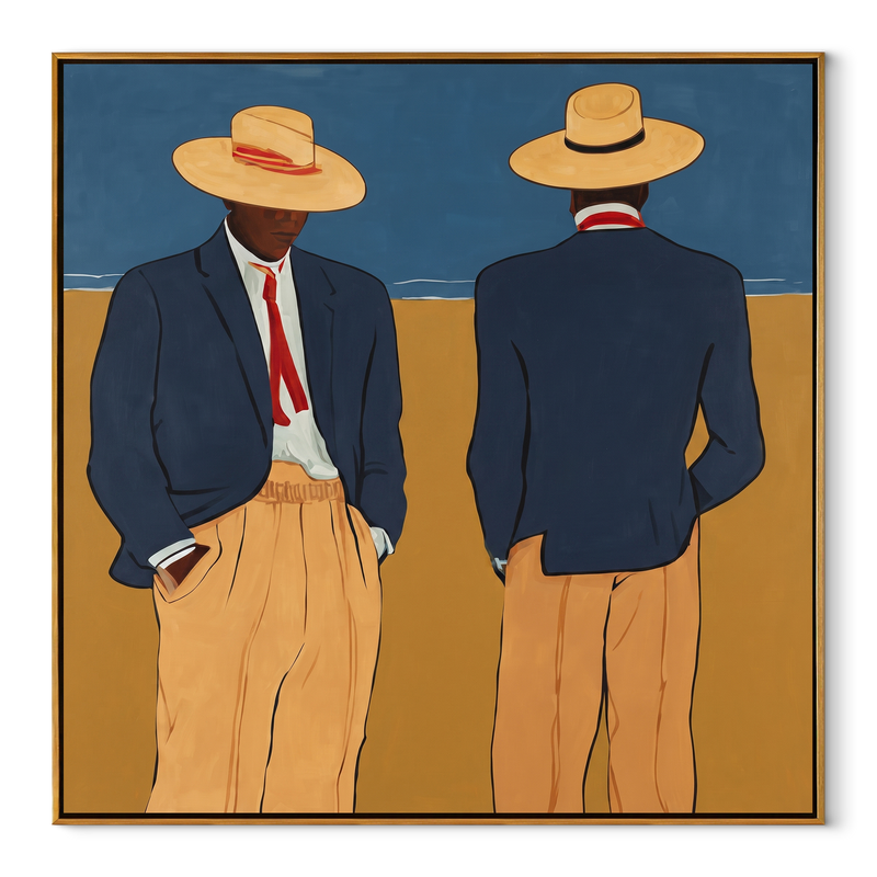 Blue Jackets Turn Away – Blue Jacket Figure Pair Painting | Mid-Century Modern Square Wall Art