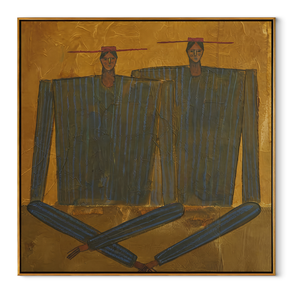 Dark Coats Cross Gold – Abstract Dark Coat Pair Painting | Mid-Century Modern Square Wall Art