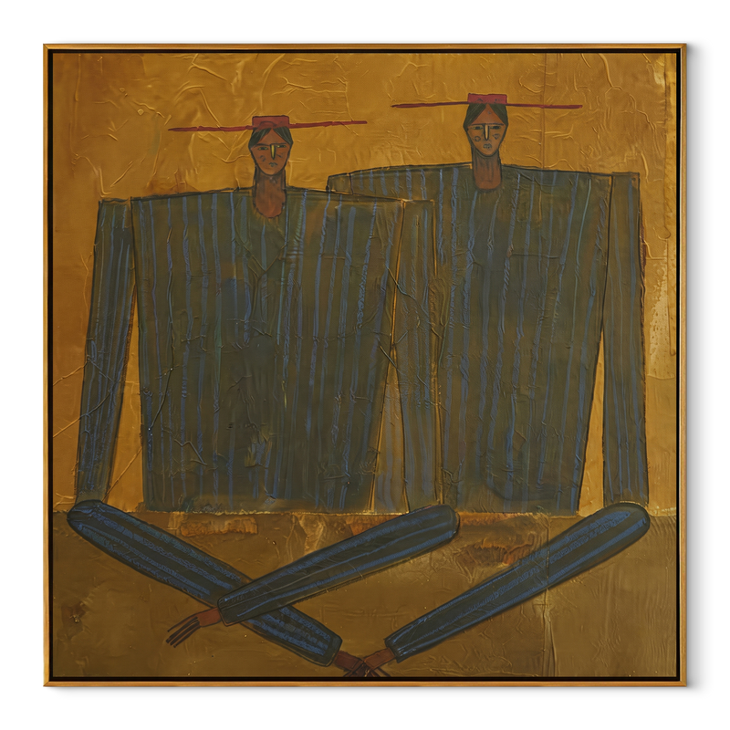 Dark Coats Cross Gold – Abstract Dark Coat Pair Painting | Mid-Century Modern Square Wall Art