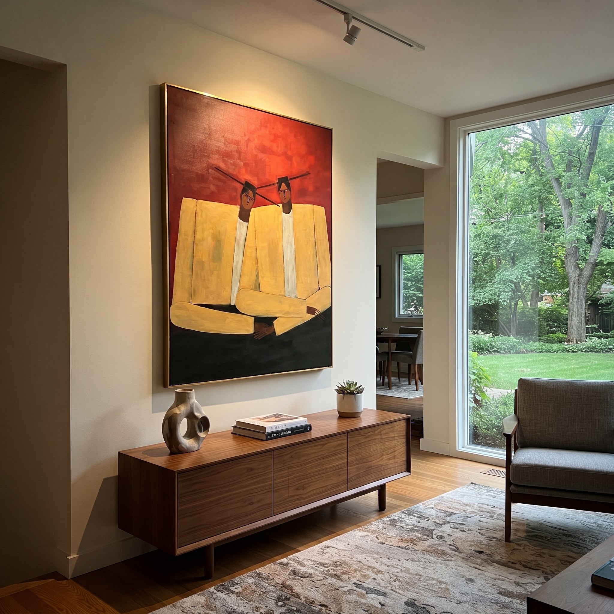 Ivory Shoulders Lean Together displayed in a warm contemporary interior