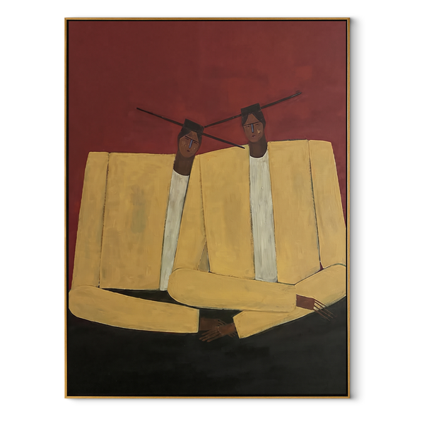 Ivory Shoulders Lean Together – Ivory Seated Figure Pair Painting | Mid-Century Modern Vertical Wall Art