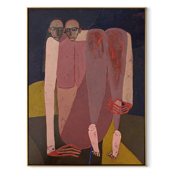 Rose Figures Gather Midnight – Rose Figurative Group Painting | Mid-Century Modern Vertical Wall Art