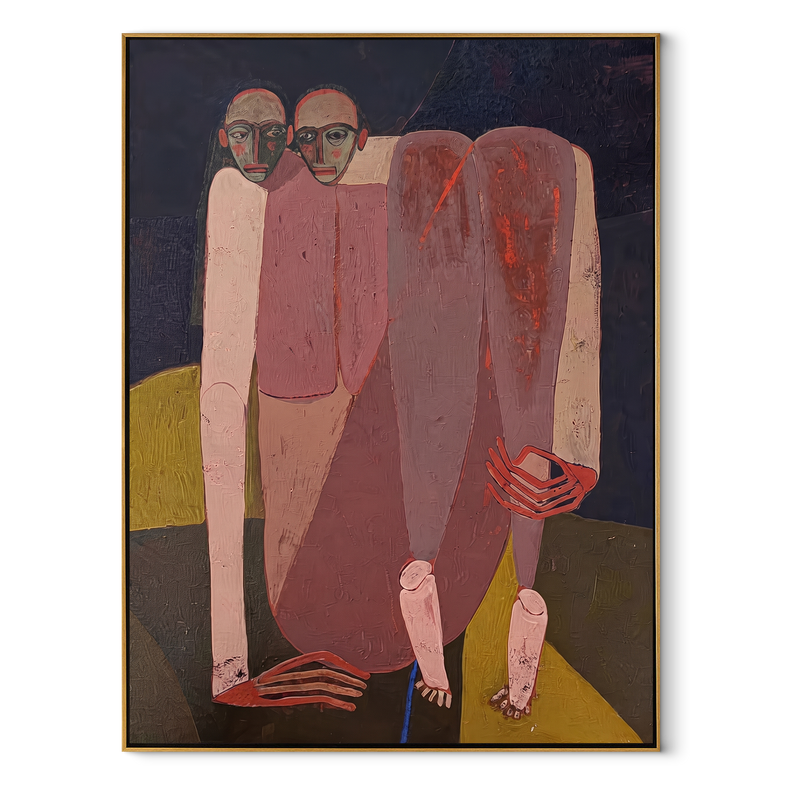Rose Figures Gather Midnight – Rose Figurative Group Painting | Mid-Century Modern Vertical Wall Art