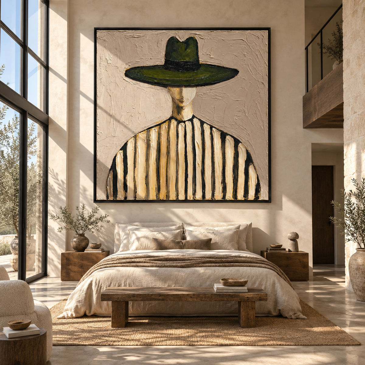 Quiet Brim – wide-brim striped figure by Chen Yuzhe, Mid-Century Modern square wall art - displayed above a living room console