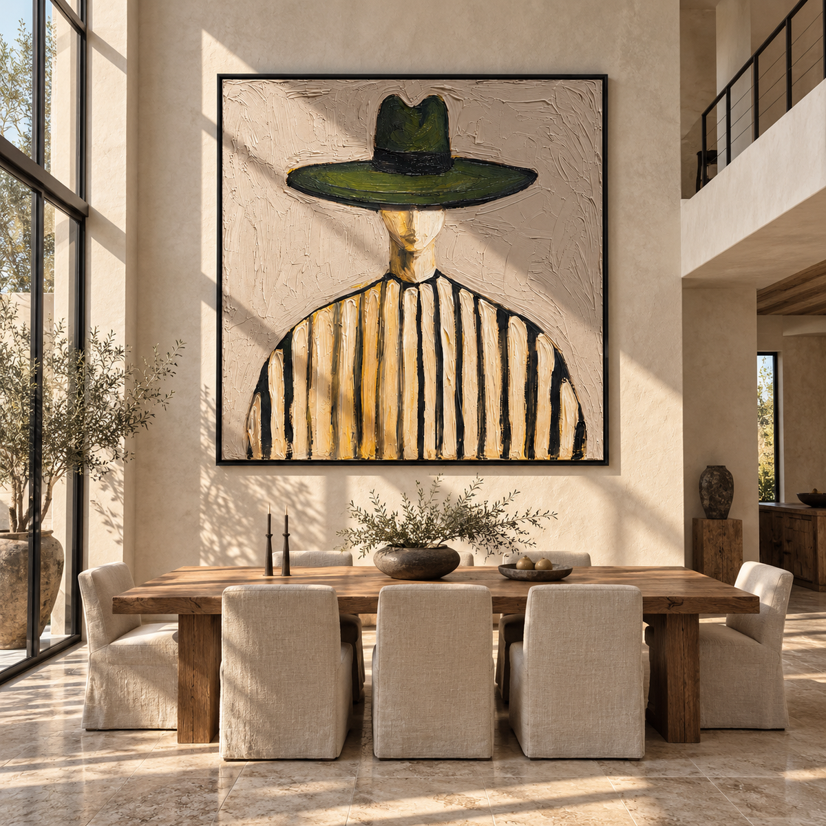 Quiet Brim – wide-brim striped figure by Chen Yuzhe, Mid-Century Modern square wall art - displayed beside a home office desk