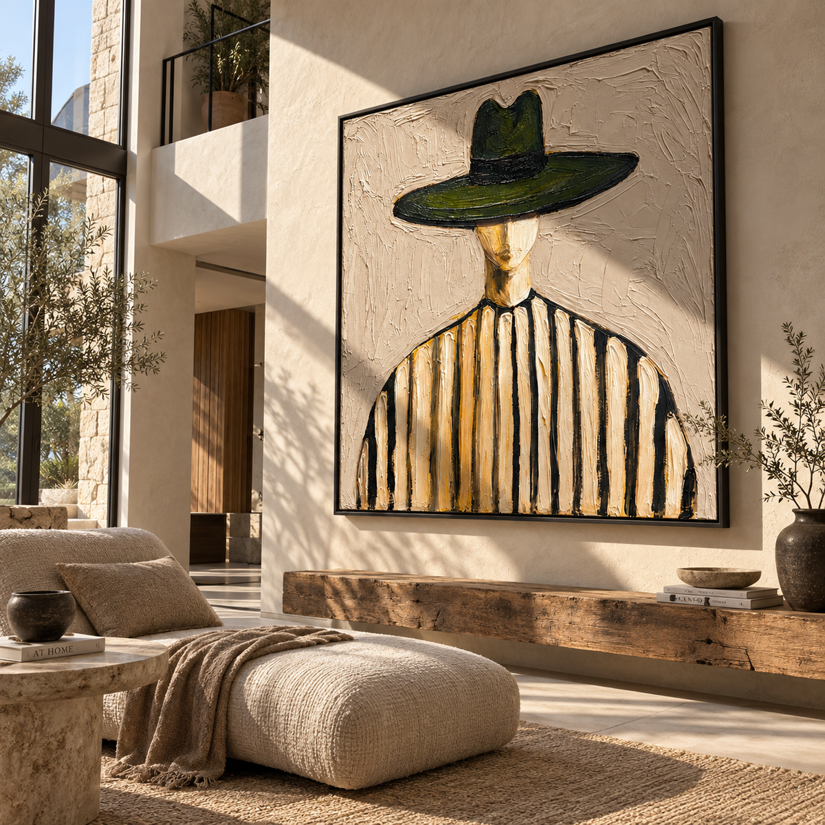 Quiet Brim – wide-brim striped figure by Chen Yuzhe, Mid-Century Modern square wall art - displayed over a low oak cabinet