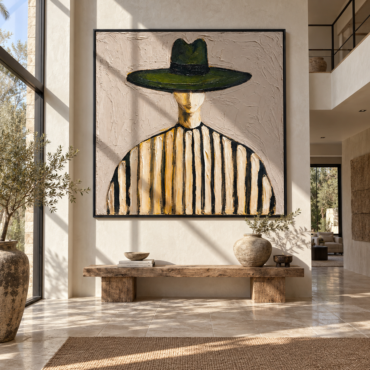 Quiet Brim – wide-brim striped figure by Chen Yuzhe, Mid-Century Modern square wall art - displayed in a collected modern lounge
