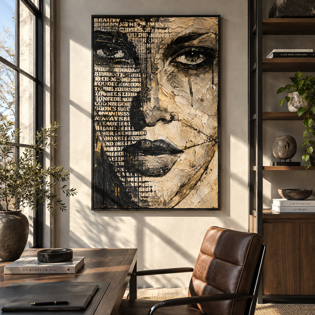 Scripted Face in Shadow - mixed media woman portrait painting displayed in a styled interior