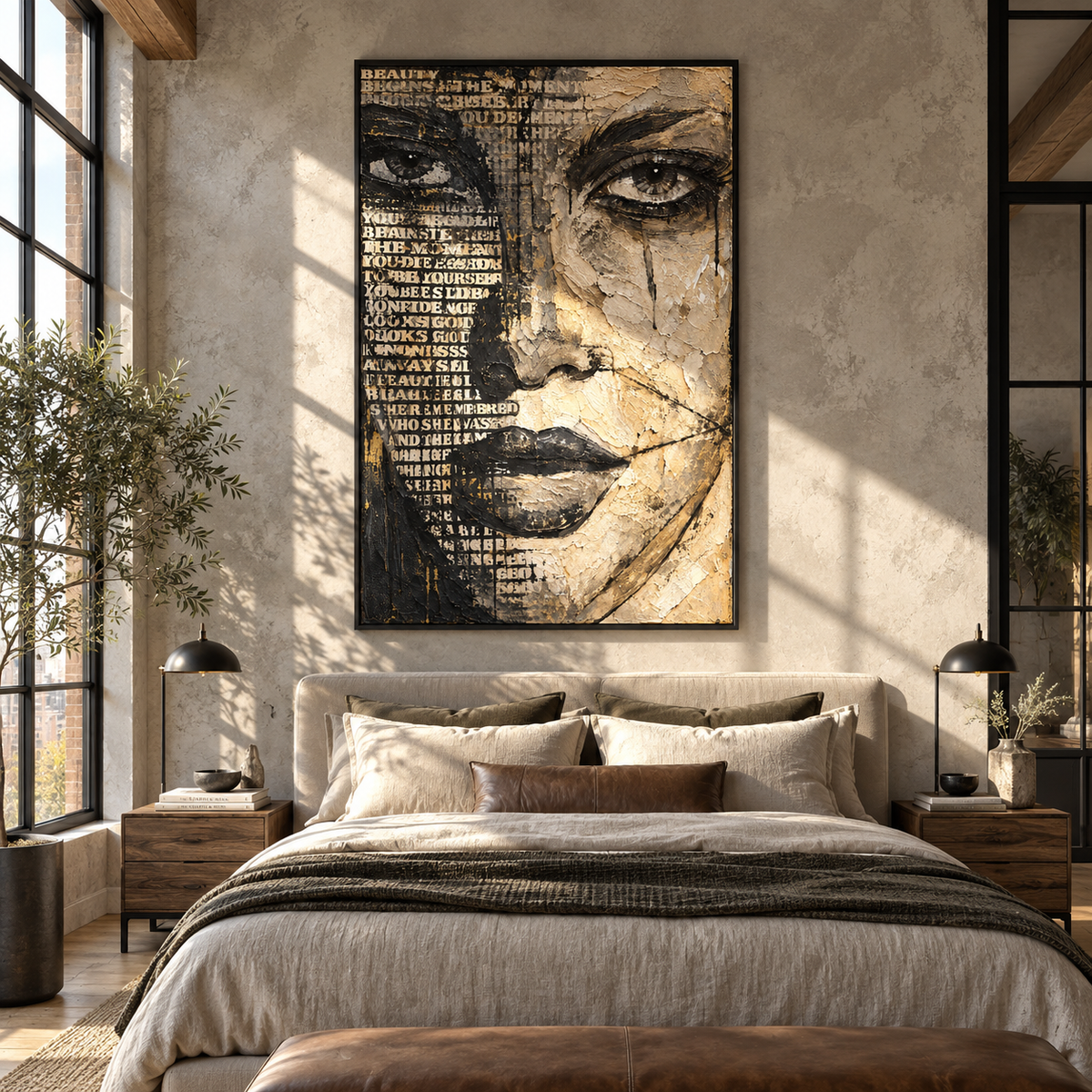 Scripted Face in Shadow - mixed media woman portrait painting shown in modern room setting 2