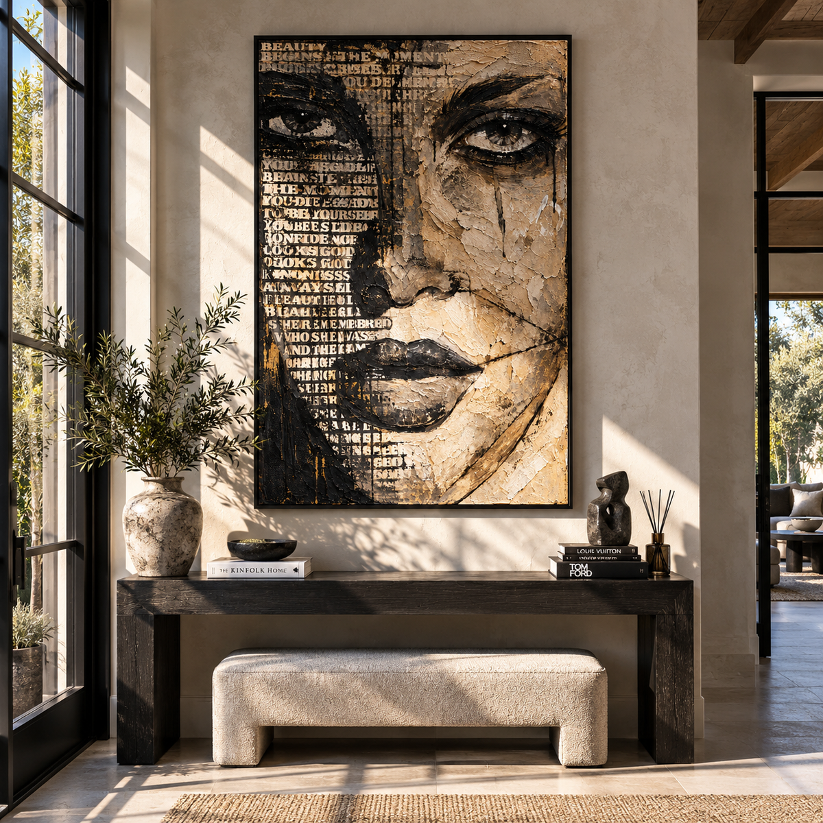 Scripted Face in Shadow - mixed media woman portrait painting shown in modern room setting 3