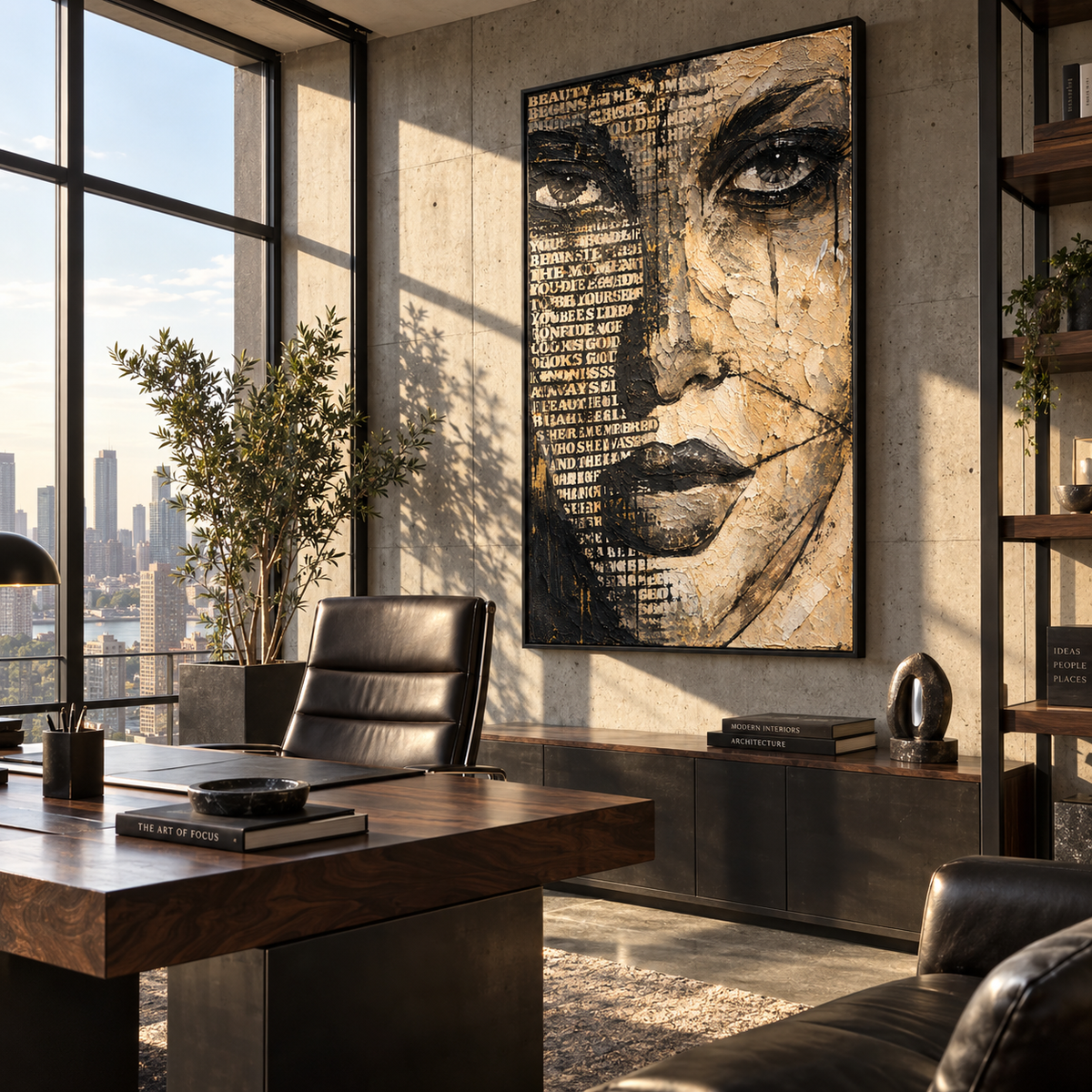 Scripted Face in Shadow - mixed media woman portrait painting shown in modern room setting 4