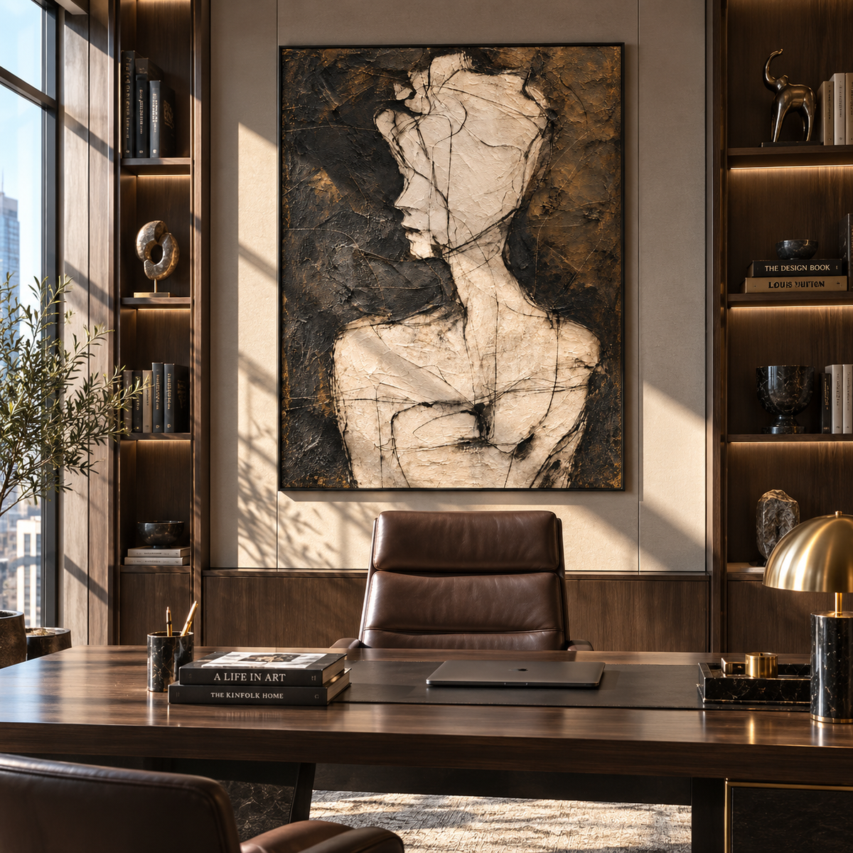 Fractured Figure at Midnight - abstract figure painting displayed in a styled interior